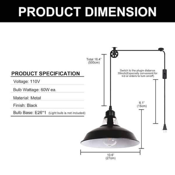 YANSUN 1-Light Plug-in Industrial Pendant Light with Black Barn
