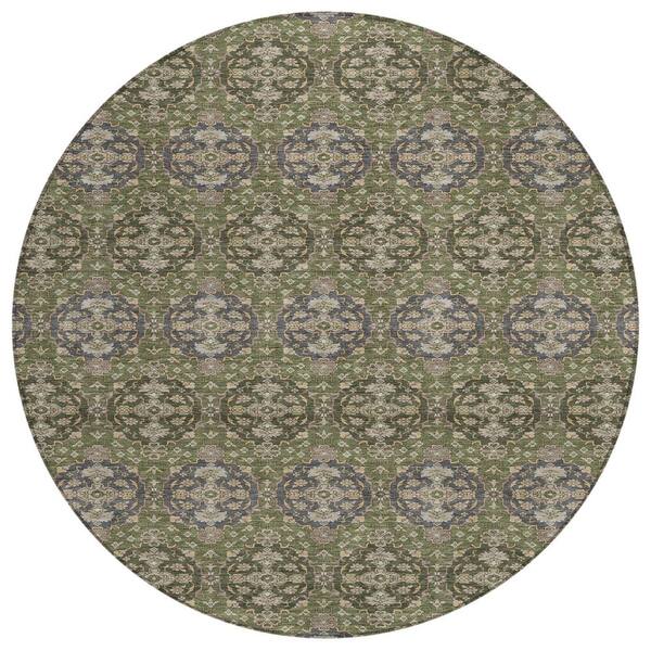 Chantille Machine Washable Indoor/Outdoor Abstract ACN2918 Olive 8 ft. x 8 ft. Round Rug