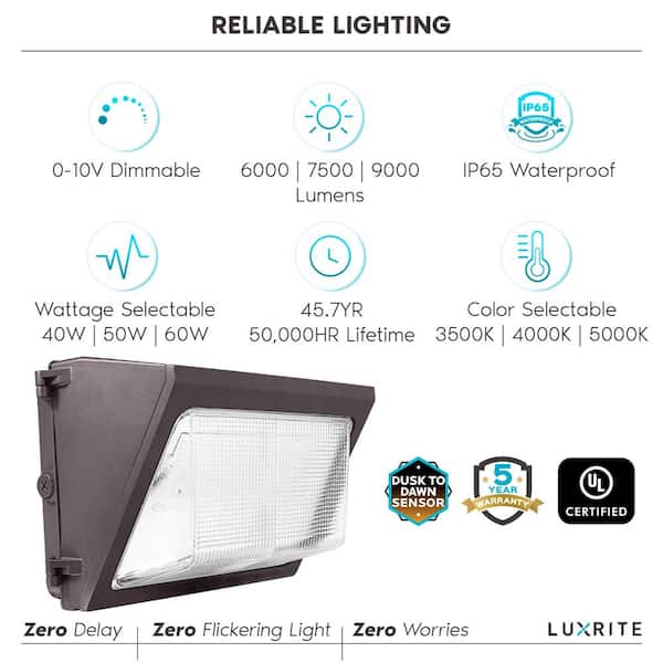 LUXRITE 600- Watt Equivalent Integrated LED Brown Dusk to Dawn Wall Pack  Light with Photocell Sensor Color Selectable LR40530-1PK The Home Depot