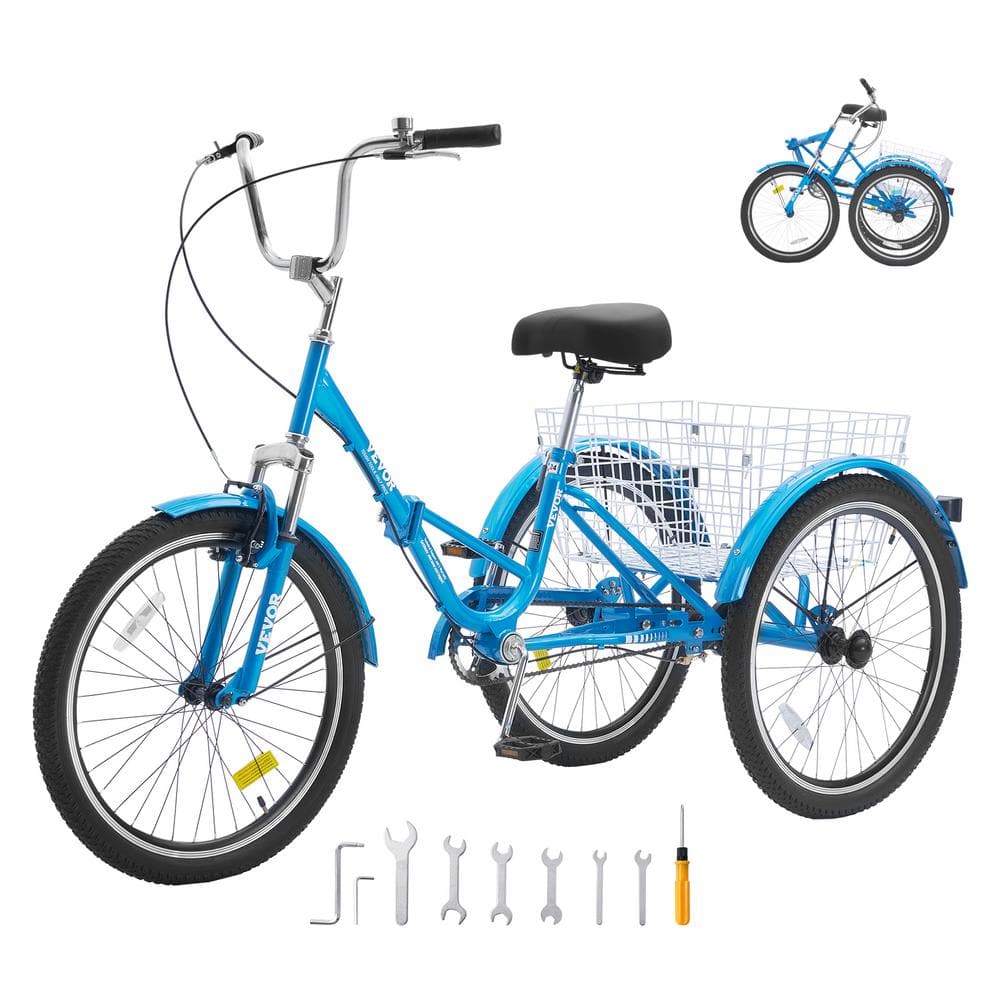 VEVOR Folding Adult Tricycle, 26 in. Adult Folding Trikes, Carbon Steel 3 Wheel Cruiser Bike with Large Basket (Blue)