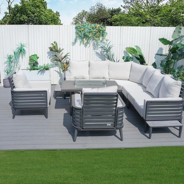 8-person Aluminum Patio Sectional Conversation Set with White Cushions and Fire Pit Table