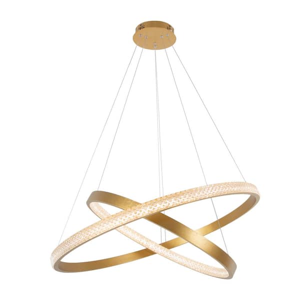 OUKANING 33.4 in. 90-Watt 2-Light Gold 2 Ring Shaded Integrated LED Pendant Light