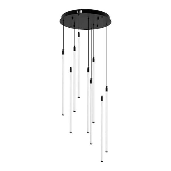 OUKANING 60-Watt 9-Light Black Modern Integrated LED Pendant-Light with Adjustable-Height for Living Room Foyer Attic
