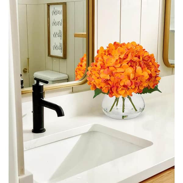 9.5 in. Orange Indoor Artificial Hydrangea Flowers in Glass Vase