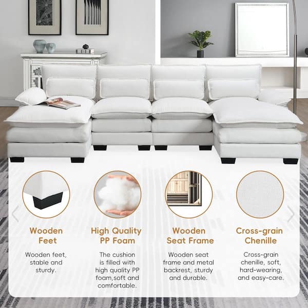 109.8 in. x 55.9 in. Square Arm Chenille U-Shaped Sectional Sofa with Waist Pillows in White