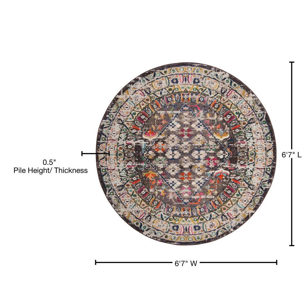 79" Round Gray Floral Synthetic Stain-Resistant Area Rug