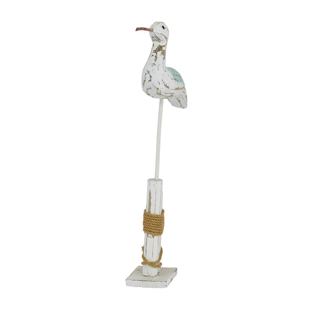 21" White Distressed Wood Bird Sculpture with Jute Trim