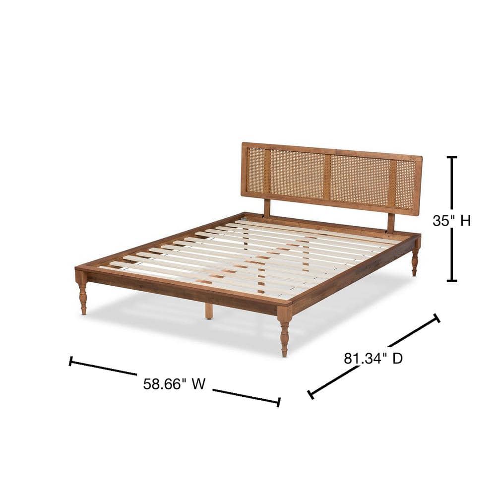 Romy Full Size Walnut Wood and Rattan Upholstered Bed