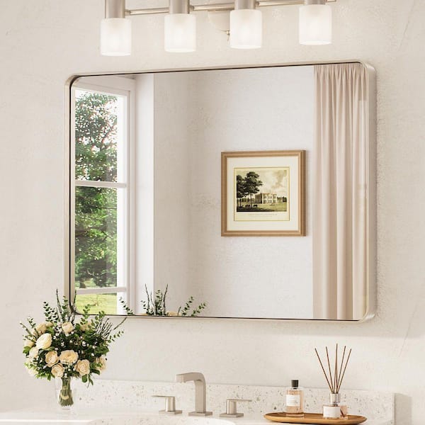 40 in. W. x 30 in. H Modern Rectangular Brushed Nickel Bathroom Mirror Aluminum Framed Wall Bathroom Vanity Mirror