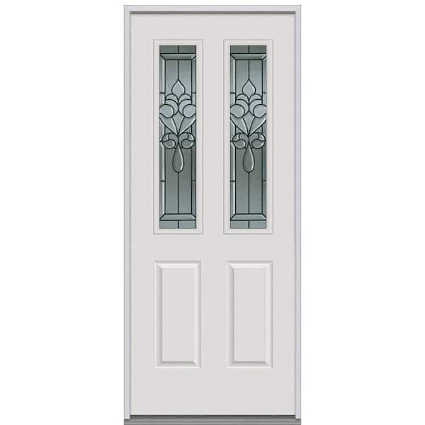 Milliken Millwork 30 in. x 80 in. Fontainebleau Decorative Glass 2 Lite 2-Panel Primed White Steel Replacement Prehung Front Door