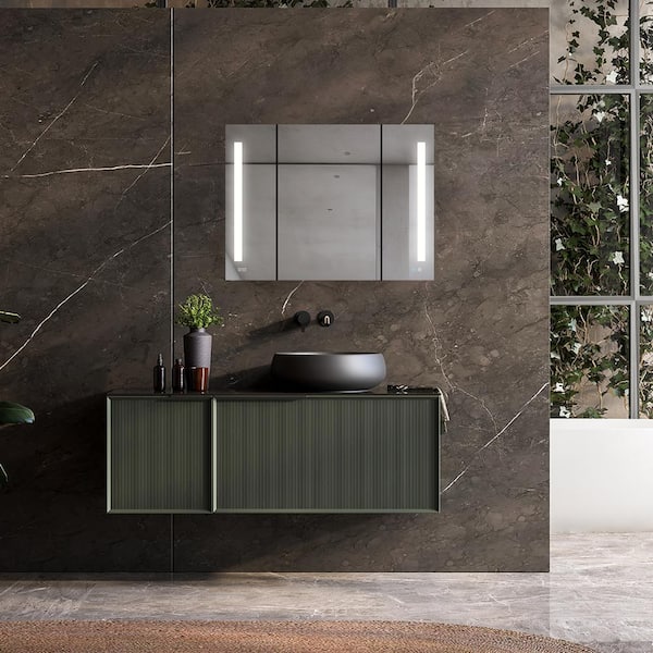 Signature Royale 48 in W x 36 in. H Rectangular LED Tri-view Medicine Cabinet with Mirror Defogger, 3X Magnifying Mirror