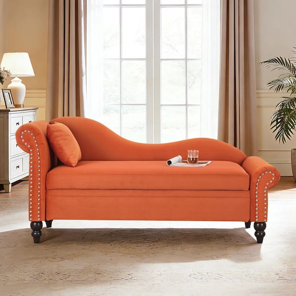 Syvo French Orange Velvet Upholstered Left Rolled Armrest Storage Chaise Lounge with Nails Decoration Plus Pillow