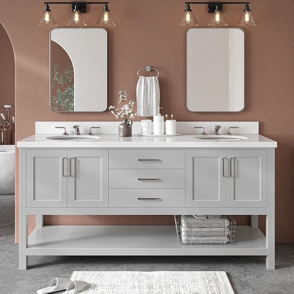 ARIEL Magnolia 73 in. W x 22 in. D x 36 in. H Bath Vanity in Grey with White Pure Quartz Vanity Top with Basins