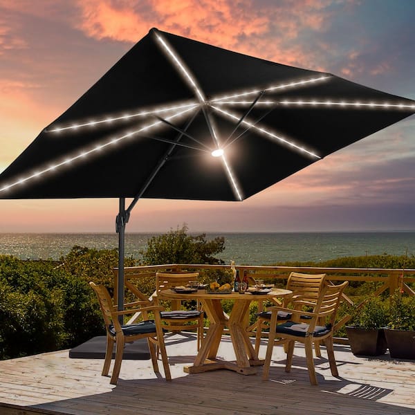 Sonkuki Black Premium 11.5 x 9 ft. LED Cantilever Patio Umbrella with a Base and 360° Rotation and Infinite Canopy Angle