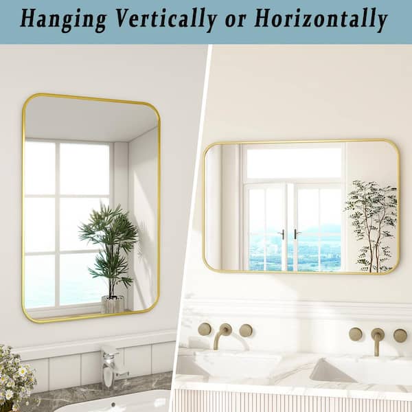26 in. W x 38 in. H Rectangular Metal Framed Wall Bathroom Vanity Mirror Gold