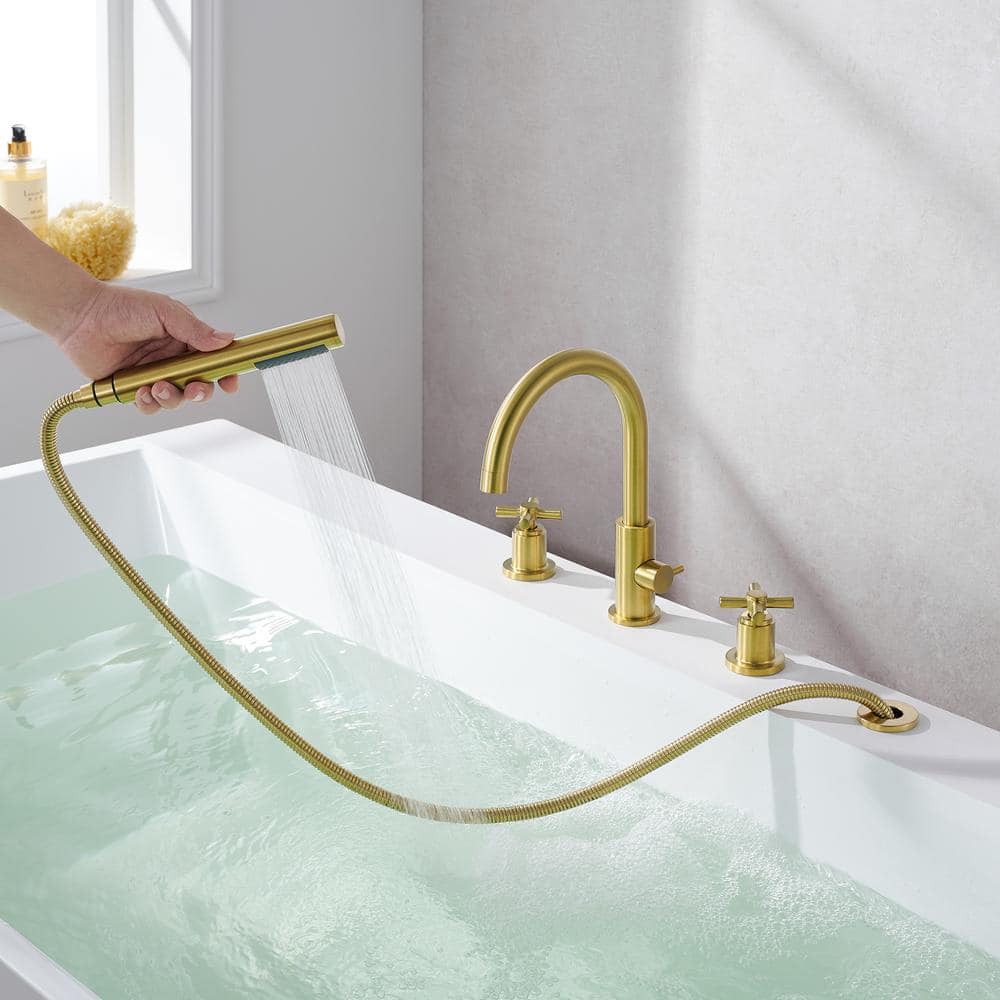 Brushed Gold Stainless Steel Deck-Mount Tub Faucet Set