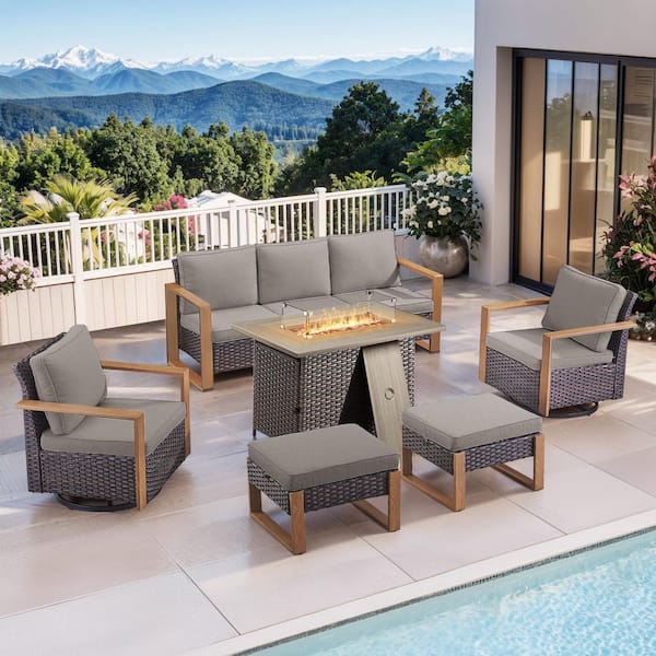 Funky 6-Piece Brown Wicker Outdoor Fire Pit Patio Conversation Sofa Seating Sets with Swivel Glider with Gray Cushions
