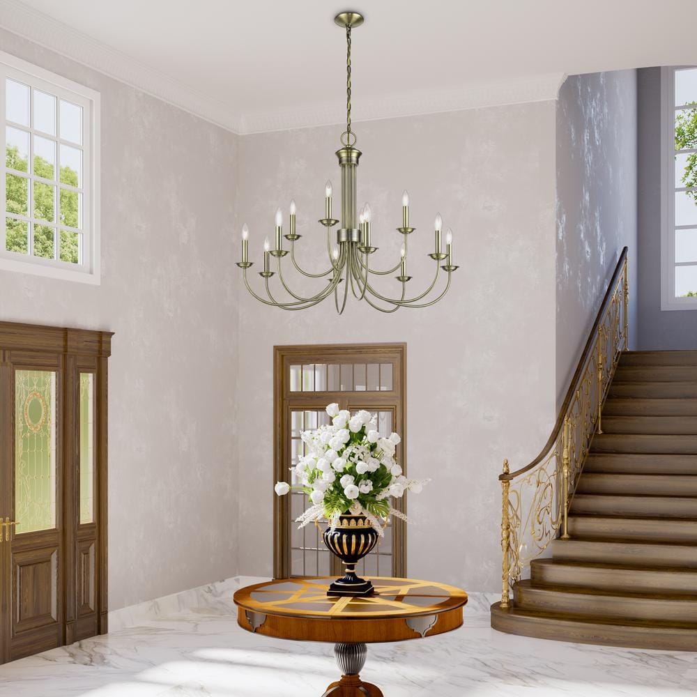 Antique Brass 12-Light Large 2-Tier Chandelier