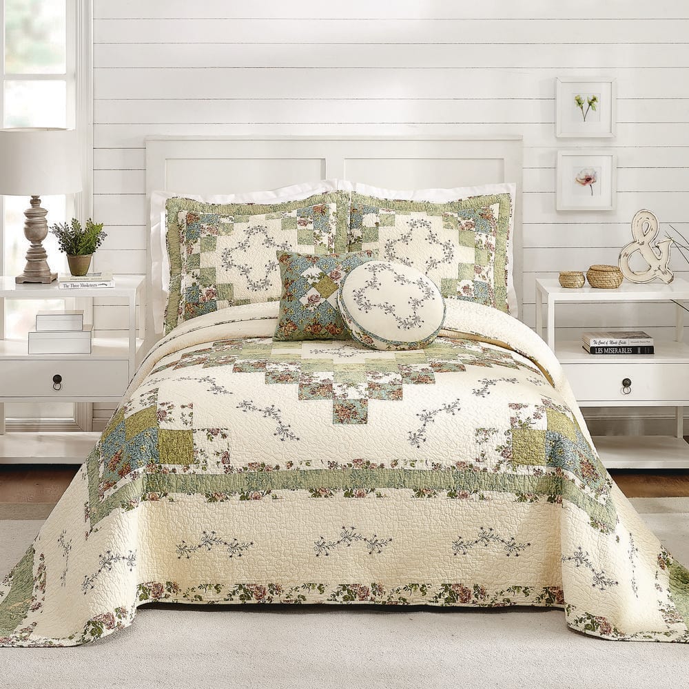King Green Cotton Embroidered Patchwork Sham