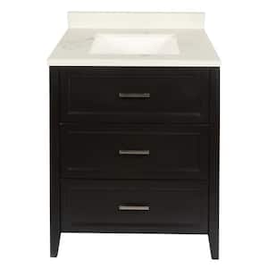 Capri 31 in. W x 22 in. D x 36 in. H Bath Vanity in Brown with Cultured Marble Top with Backsplash in Carrara White