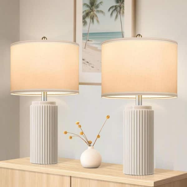 23.5 in. Set of 2 for Living Room Farmhouse Bedside Lamps with Upgraded White Linen Shade, White
