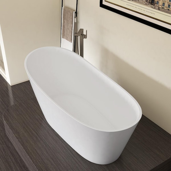 59 in. x 29.1 in. Acrylic Flat Bottom Free Standing Bathtub Oval Freestanding Soaking Bathtub with Side Drain in White