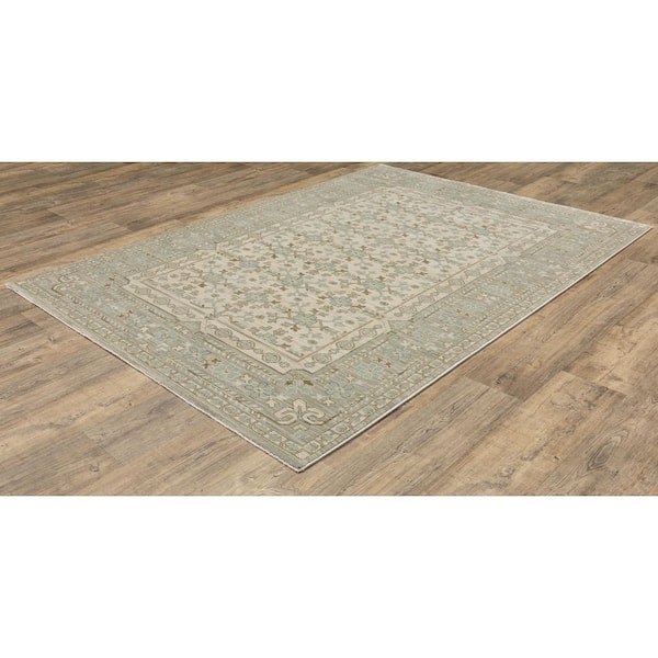 Maco Beige/Blue 8 ft. x 11 ft. Floral Border Distressed Polypropylene Fringe-Edge Indoor Area Rug