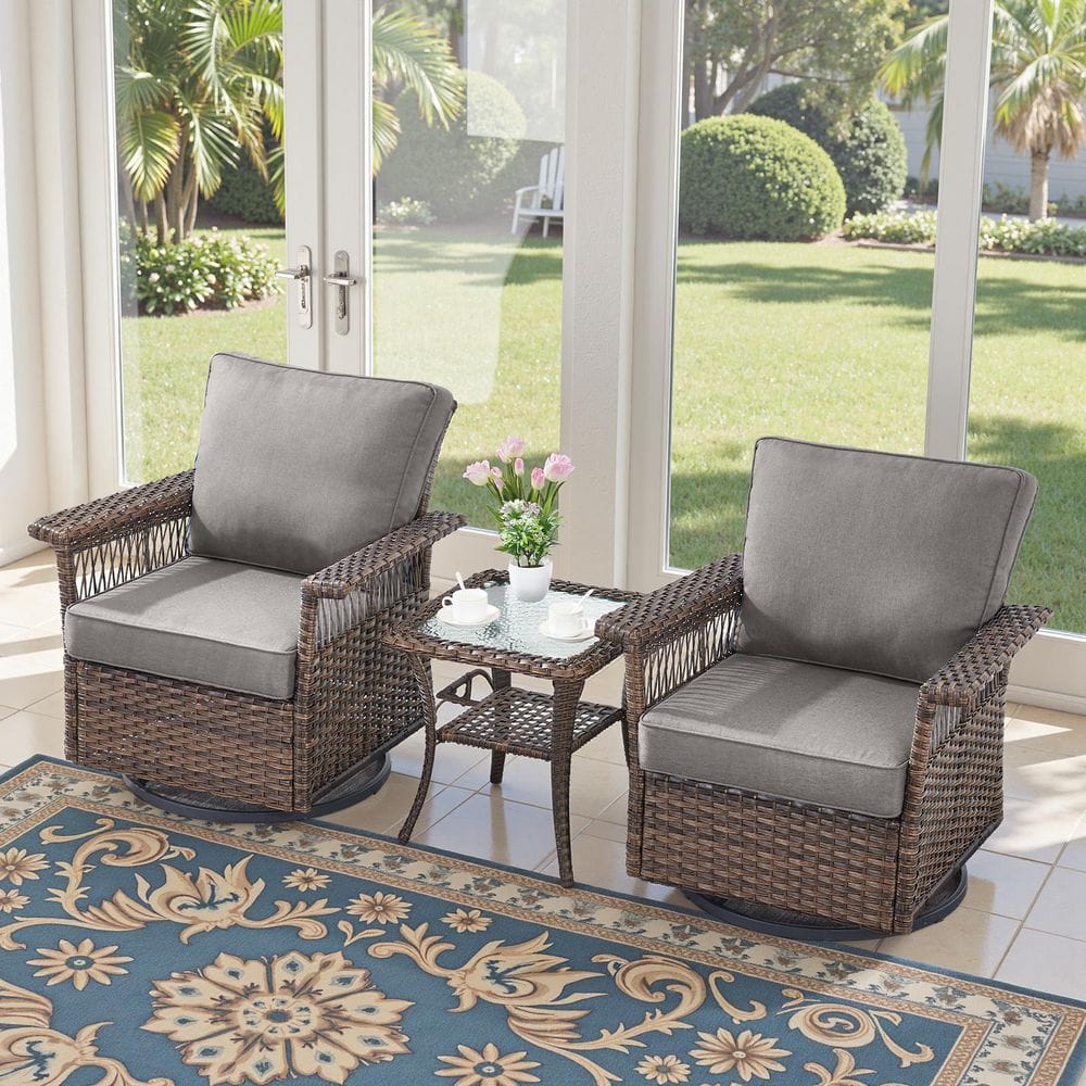 GliderNet Brown 3-Piece Wicker Swivel Gliders Patio Conversation Set with 3.5 in. Thick Gray Cushions price history on PriceWatchPro