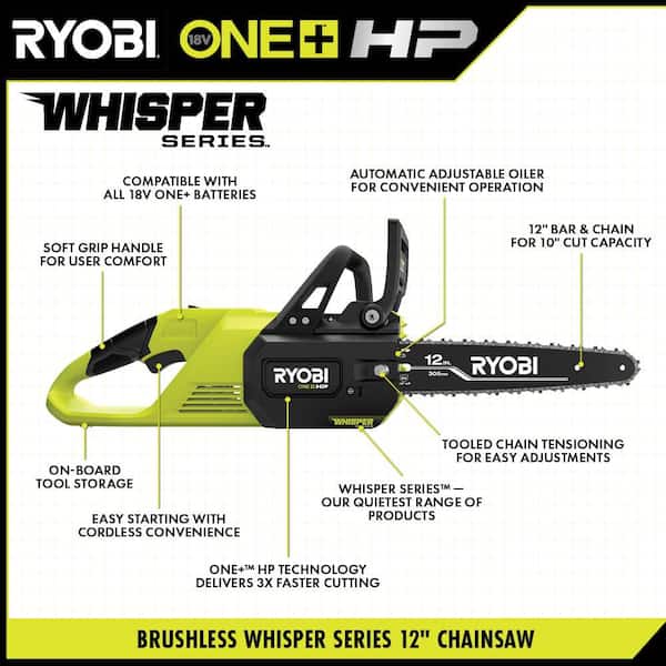 RYOBI - ONE+ HP 18V Brushless Whisper Series 12 in. Battery Chainsaw w/ Extra Chain, Bar & Chain Oil, 6.0 Ah Battery & Charger