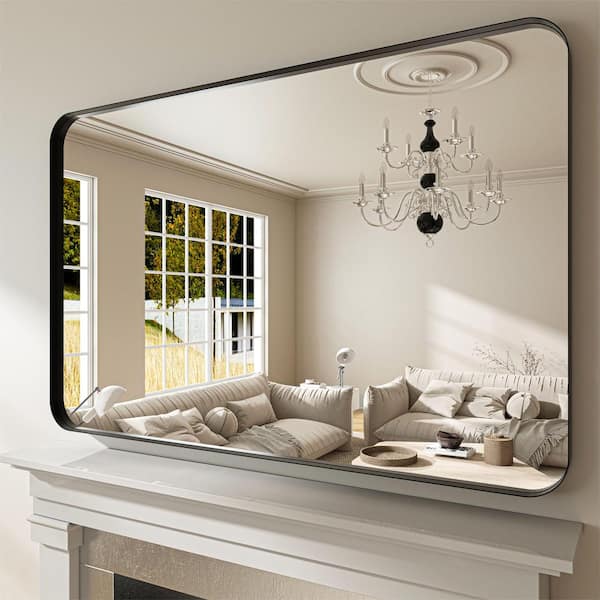 ORGANNICE 55 in. W x 36 in. H Rectangular Aluminum Framed Modern Black Rounded Wall Mirror