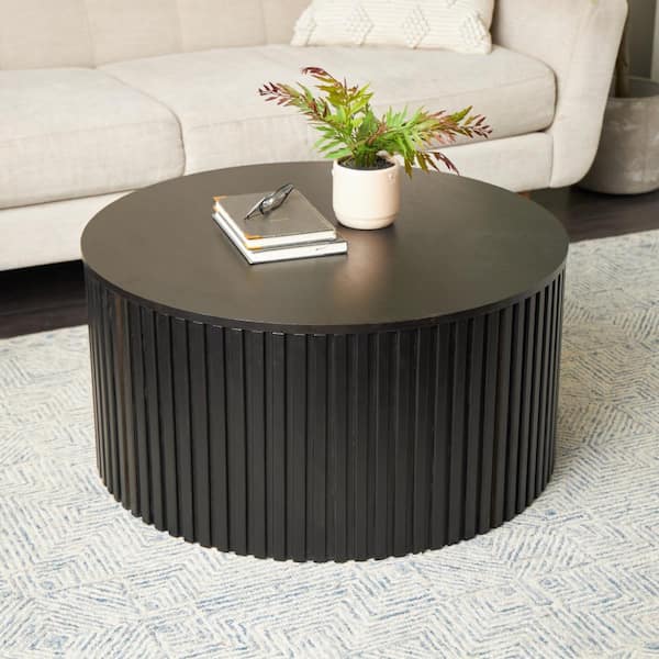 32 in. Black Medium Round Wood Handmade Ribbed Coffee Table with Slatted Base