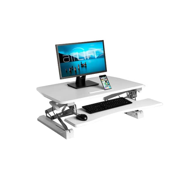 Seville Classics AIRLIFT White 35.4 in Height Adjustable Standing Desk Converter Workstation With Dual Monitor Riser and Keyboard Tray