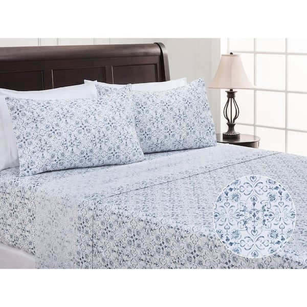 3-Piece Ceramic Blue Pattern Print Microfiber Bedsheets Set, Twin