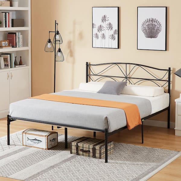 Bed Frame Black Metal Frame Queen Platform Bed with Headboard, Sturdy Steel Slat Support, No Box Spring Needed