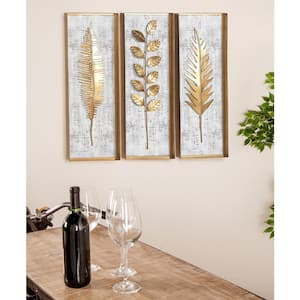 Metal Gold Framed 3D Leaf Wall Decor with Distressed Wood Backing (Set of 3)