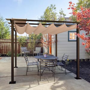 10 ft. x 10 ft. Aluminum Outdoor Pergola with Beige Retractable Shade Canopy