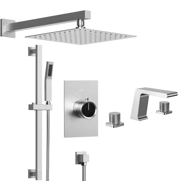 GRANDJOY ClassicRain 2-Spray 10in. Dual Wall Mount Fixed and Handheld Shower Head 2.5 GPM with Basin Faucet in Brushed Nickel