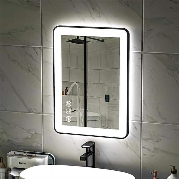 20 in. W x 28 in. H Rectangular Framed LED Anti-Fog Wall Mount Mirror in Black with Backlit and Front Light