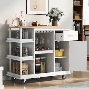 Multipurpose White Kitchen Cart with Side Storage Shelves, Rubber Wood Top, 5 Wheels, Wine Rack and Wine Glass Holder