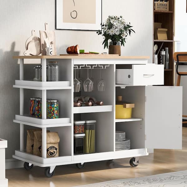 Harper & Bright Designs Multipurpose White Kitchen Cart with Side Storage Shelves, Rubber Wood Top, 5 Wheels, Wine Rack and Wine Glass Holder