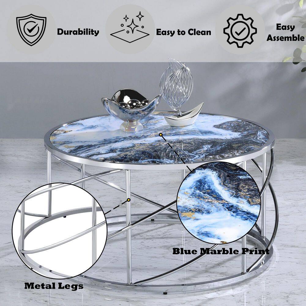 Blue Marble Print and Chrome Round Coffee Table
