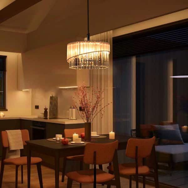 Modern 6-Light Silver Drum  Glam Chandelier with Geometric Clear Crystals and White Fabric Shade for Dining Room