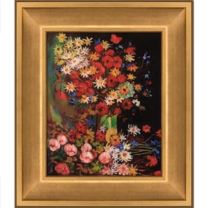 Vase with Poppies Cornflowers Peonies by Vincent Van Gogh Muted Gold Glow Framed Abstract Art Print 12 in. x 14 in.