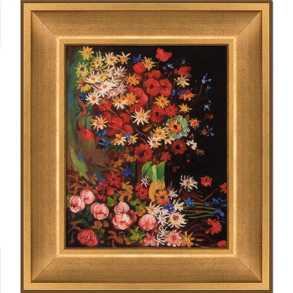 LA PASTICHE Vase with Poppies Cornflowers Peonies by Vincent Van Gogh Muted Gold Glow Framed Abstract Art Print 12 in. x 14 in.