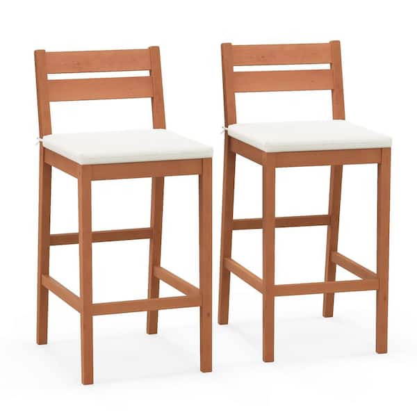 Gymax Patio Eucalyptus Wood Outdoor Bar Stools Set of 2 Bar Height Patio Chairs with Off White Cushions