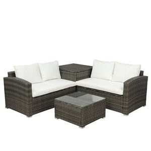 4-Piece PE Rattan Wicker Patio Outdoor Cushioned Sectional Sofa with Beige Cushion