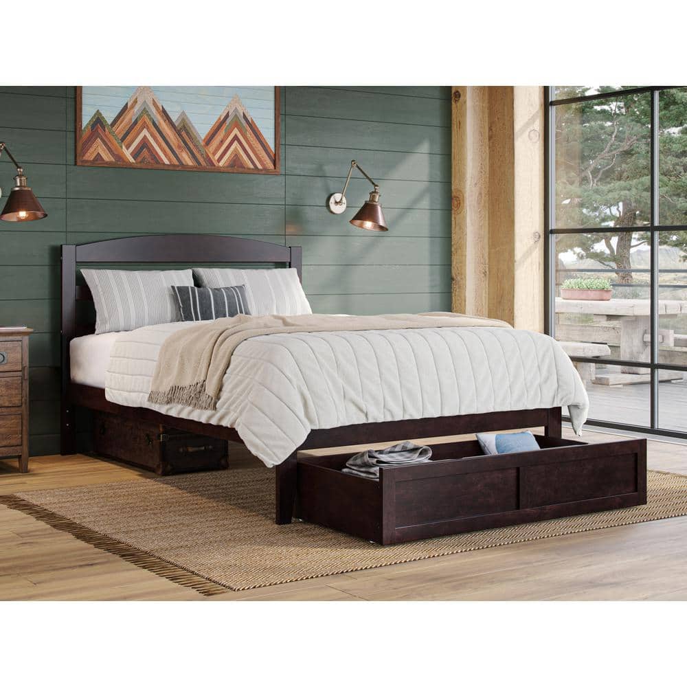 Espresso Solid Wood Queen Platform Bed with Foot Drawer