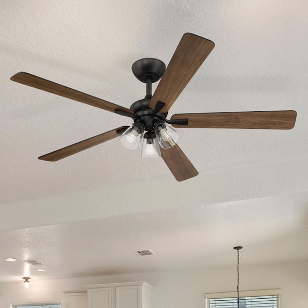 Charney 52 in. Indoor Matte Black Traditional Ceiling Fan with (3) 3000K LED Bulbs, Clear Shades, Remote Included