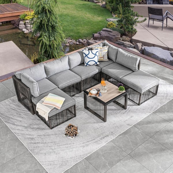 Patio Festival 8-Piece Wicker Patio Conversation Sectional Seating Set with Gray Cushions