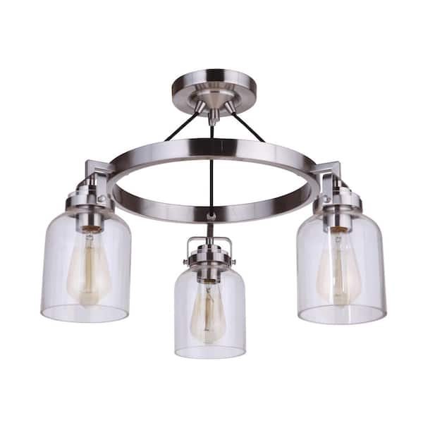CRAFTMADE Foxwood 21.75 in. 3-Light Brushed Polished Nickel Convertible Semi-Flush Mount w/ Clear Glass Shade & No Bulbs Included